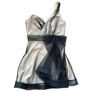 Abs Allen Schwartz One Shoulder Swiss Dot Mesh Cocktail Dress Black Beige Size 6